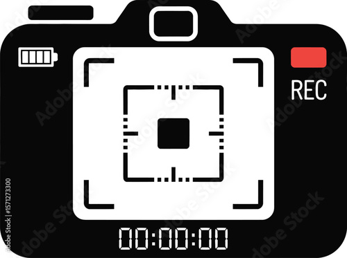 Black and white camera icon with recording indicator battery level and focus square representing video recording filming or photography isolated on a white background
