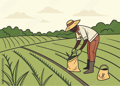 Farmer planting rice in the field