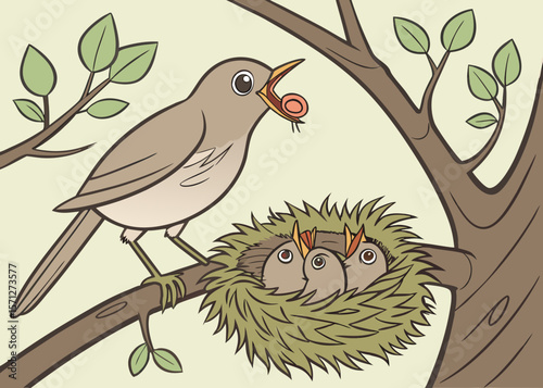 The bird is feeding its chicks..