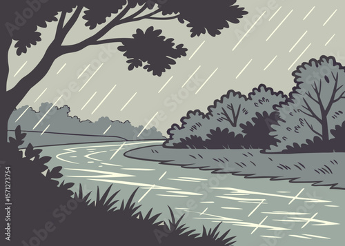 It is raining in the river water..
