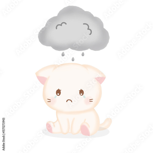 Cute sad cat under rain cloud