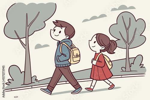 A boy and a girl are walking to school..