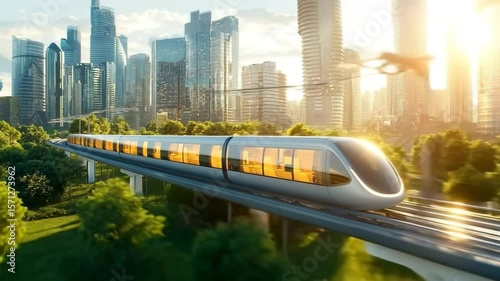 Futuristic high speed train gliding elevated track through green city park, surrounded by modern skyscrapers, sunlight reflecting glass, urban transportation innovation, sleek eco friendly elevated