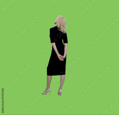 Rear view of adult business woman in black dress standing and something watching on green chroma key background