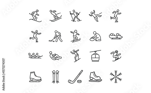 Collection of Winter Sports Icons Depicting Various Activities in Outline Style.
