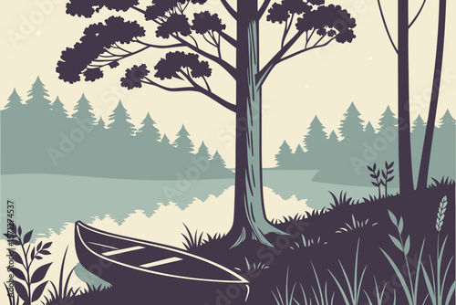  Forest Canoe on Calm Lake