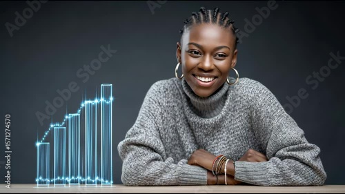 Growth and Confidence: A portrait of a smiling young woman with the rising graph behind her, embodying growth and confidence.