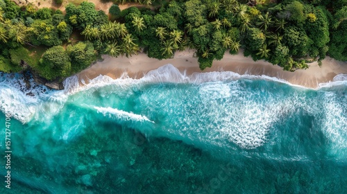 Aerial View of Bali Coastline with Blue Ocean Waves and Lush Jungle

