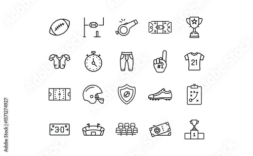 Collection of American Football Icons in Simple Black Outline Style.