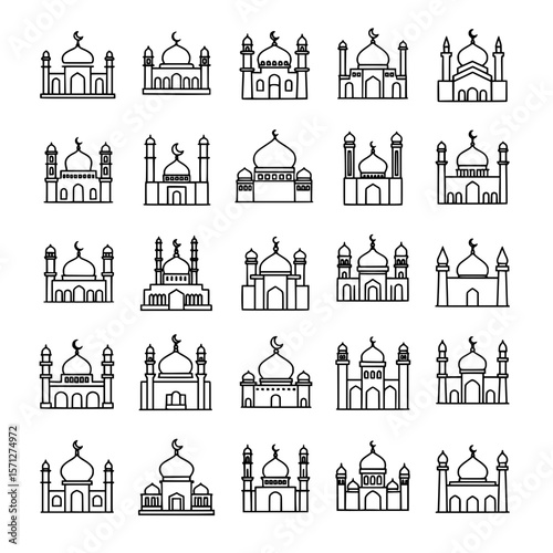 Set of mosque line icons for Islamic themes, Eid Mubarak, Ramadan, and religion-based graphic design projects.