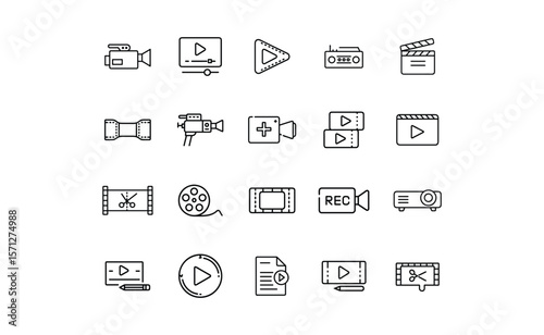 Collection of Black and White Video Icons Representing Film and Media Production.