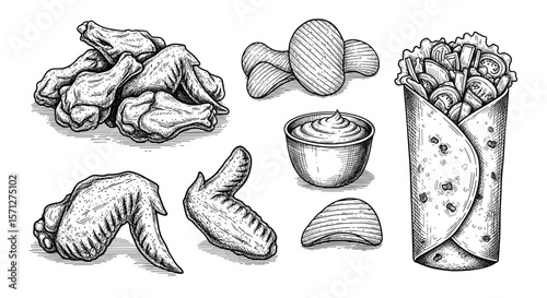 Delicious chicken wings loaded potatoes and burrito meal illustration of fast food snacks