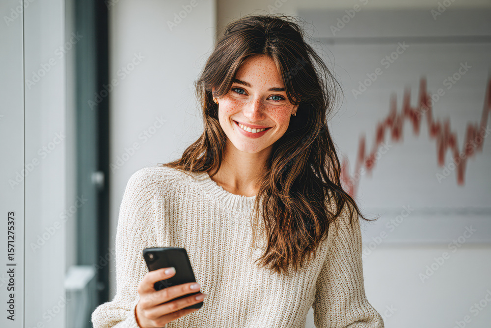 A young woman with freckles and long hair smiles warmly while holding a smartphone, standing indoors in front of a blurred background featuring a chart. A young woman with freckles and long hair smiles warmly while holding a smartphone, standing indoors in front of a blurred background featuring a chart.