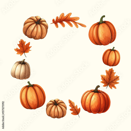 Frame made of watercolor pumpkins. Cozy fall wreath in hand drawn style