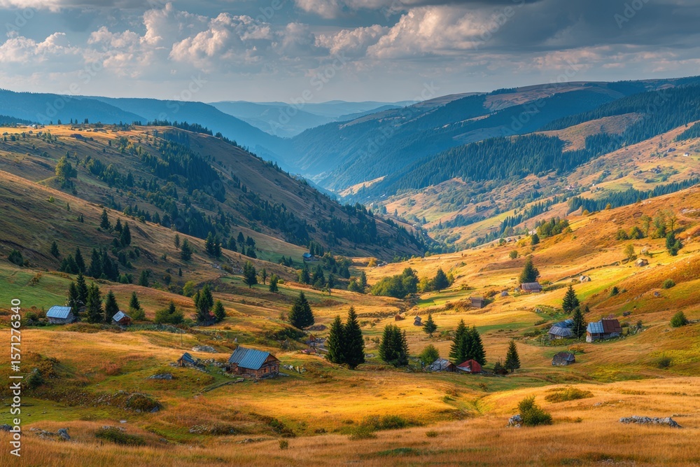 Obraz premium Stunning view of nature green mountain slopes scenic valleys with villages and vast yellow meadows