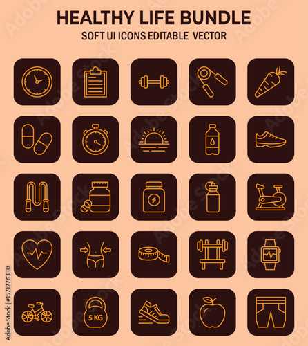 Comprehensive collection of soft user interface icons representing wellness and fitness habits in everyday living and