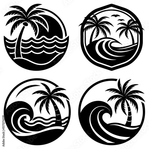 Collection of beach themed designs featuring palm trees and waves in circular and shield shaped frames