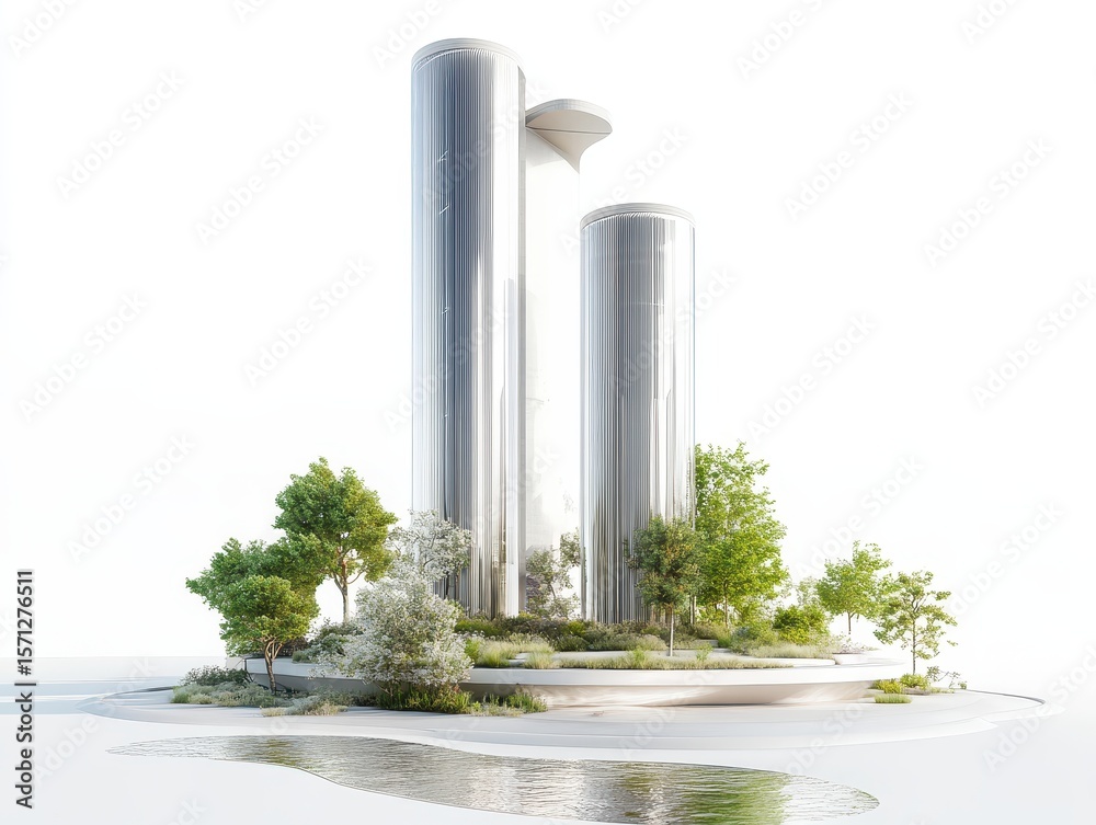 Fototapeta premium Technical diagram of vertical solar desalination columns in an arid coastal region, showing thermal air flows, freshwater condensation zones and the integration of local installations