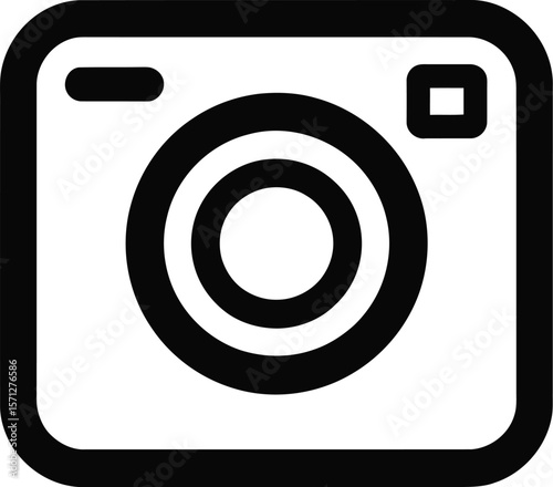 Simple Black and White Camera Icon with Rounded Square Border Featuring Concentric Circles for the Lens and a Small Rectangle for the Flash Suitable for