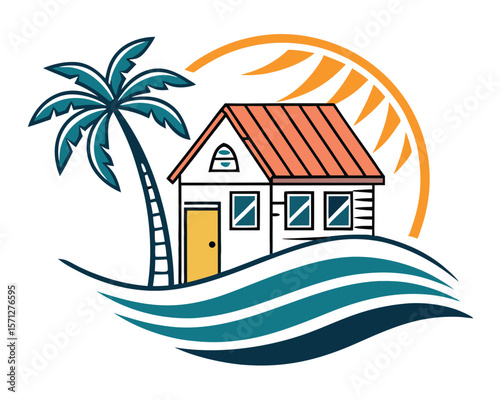 A colorful illustration shows a beach house with a palm tree, waves, and a sun, evoking a tropical vacation scene, isolated on white background.