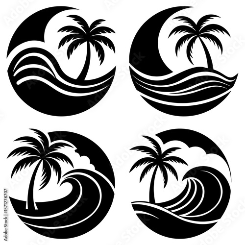Four circular designs featuring palm trees and ocean waves in a black and white minimalist illustration style