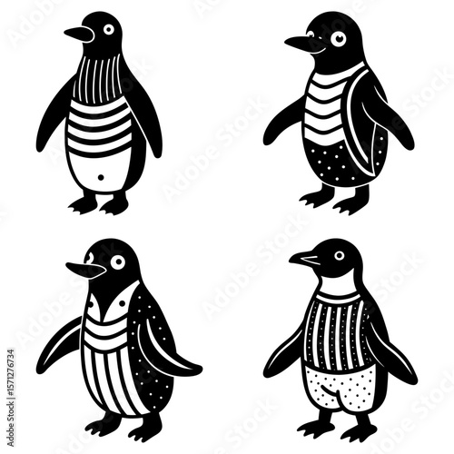 Four stylized penguins with different patterns in black and white standing on a white background