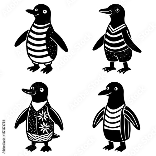 Four stylized penguins wearing different patterned outfits in black and white illustration style
