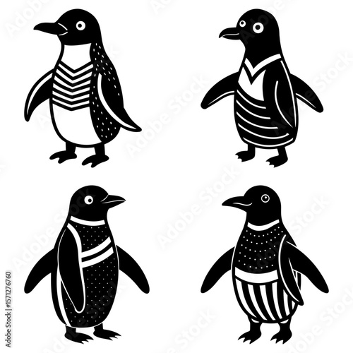 Four stylized penguins with different patterns in black and white stand on a white background