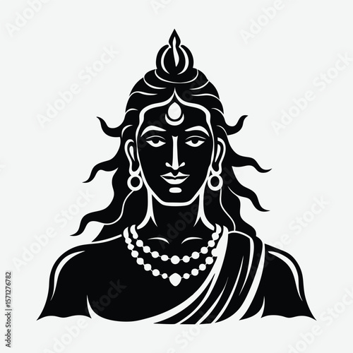 A black and white illustration depicts the hindu god shiva, a symbol of spirituality, isolated on white background.