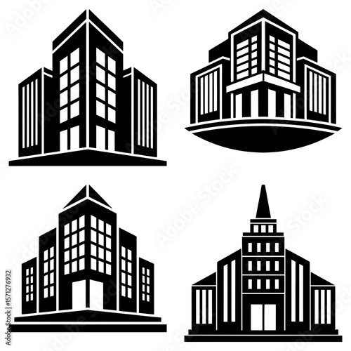 Four black and white building silhouettes showcasing different architectural styles and designs isolated on white