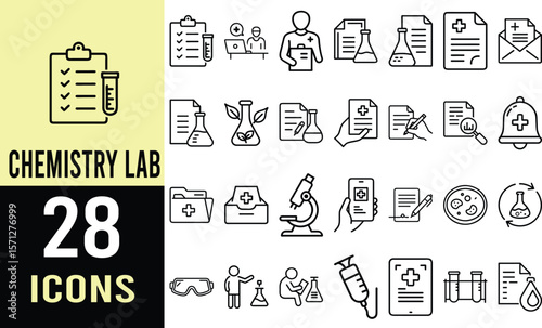 28 Chemistry Lab Icons: Vector Illustrations of Science Equipment and Documents