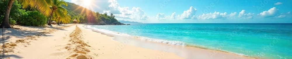 Fototapeta premium Idyllic Sun-Drenched Beach Scene Vibrant Summer Colors, Yacht, Umbrella, Perfect for Travel & Vacation Projects