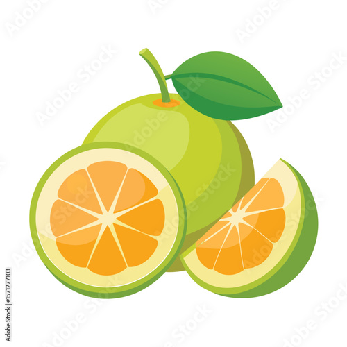 A pomelo with slices is isolated on white background, showcasing its green skin and orange flesh.