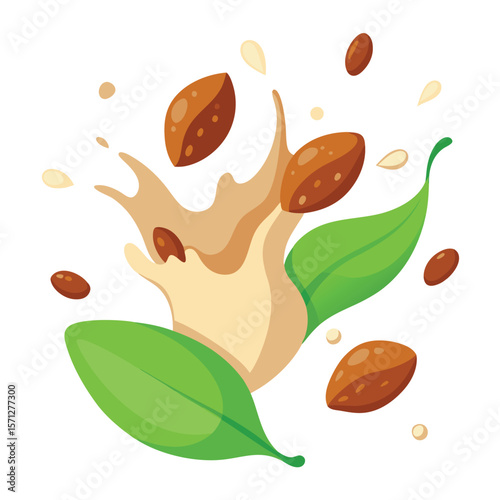 A splash of almond milk with falling almonds and green leaves isolated on white background creates a refreshing and healthy vegan image.