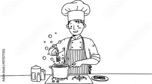A chef boiling pasta in kitchen, doodle style illustration
