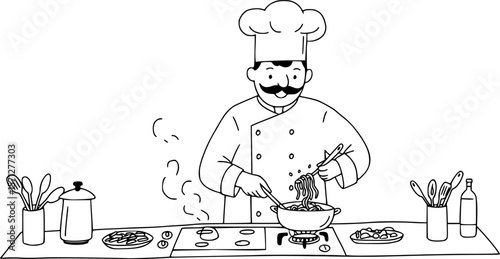 A chef boiling pasta in kitchen, doodle style illustration
