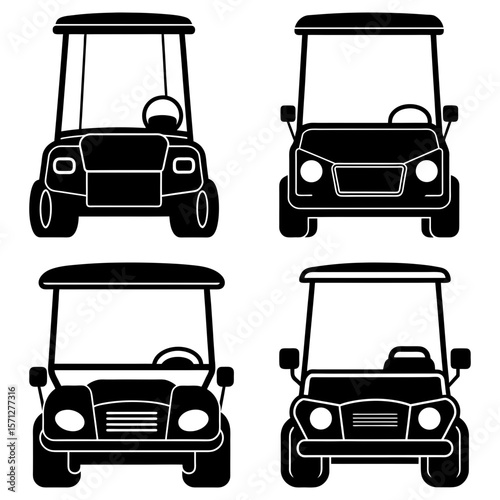 Four front facing black and white golf carts with steering wheels and headlights illustration art design