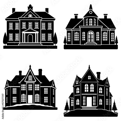 Four different silhouettes of houses with varying architectural styles and window arrangements shown in black