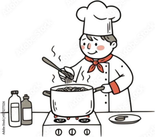 A chef boiling pasta in kitchen, doodle style illustration
