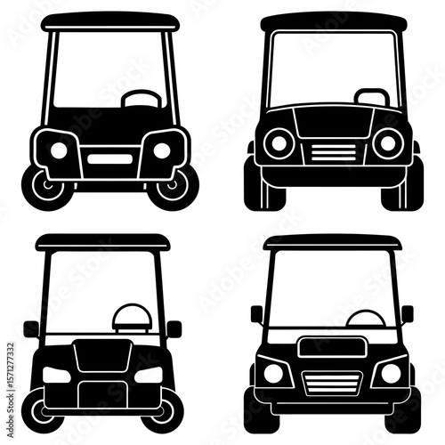 Four black and white golf carts facing forward with different front designs on a white background scene
