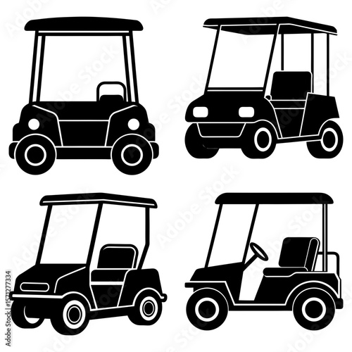 Four black and white silhouette illustrations of golf carts with various designs and orientations