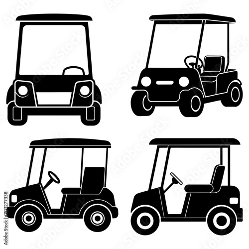 Collection of four black golf cart illustrations in various perspectives and orientations on a white background
