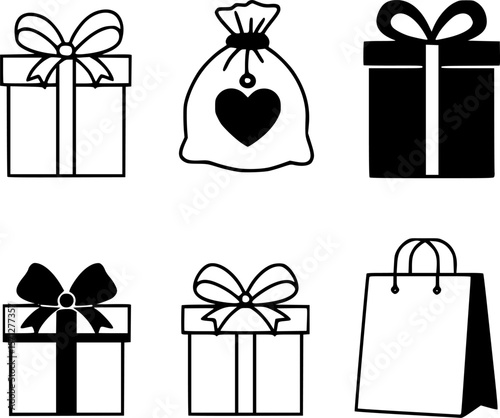 Gift box icons set. Surprising gift box symbol. Present gift box tied signs. Christmas, birthday, valentine, open, sparkle, wedding event, party, celebration, achievement success vector illustration
