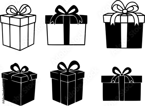 Gift box icons set. Surprising gift box symbol. Present gift box tied signs. Christmas, birthday, valentine, open, sparkle, wedding event, party, celebration, achievement success vector illustration