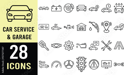 28 Essential Car Icons: Vehicle, Repair, Maintenance, and Safety Line Art Graphics