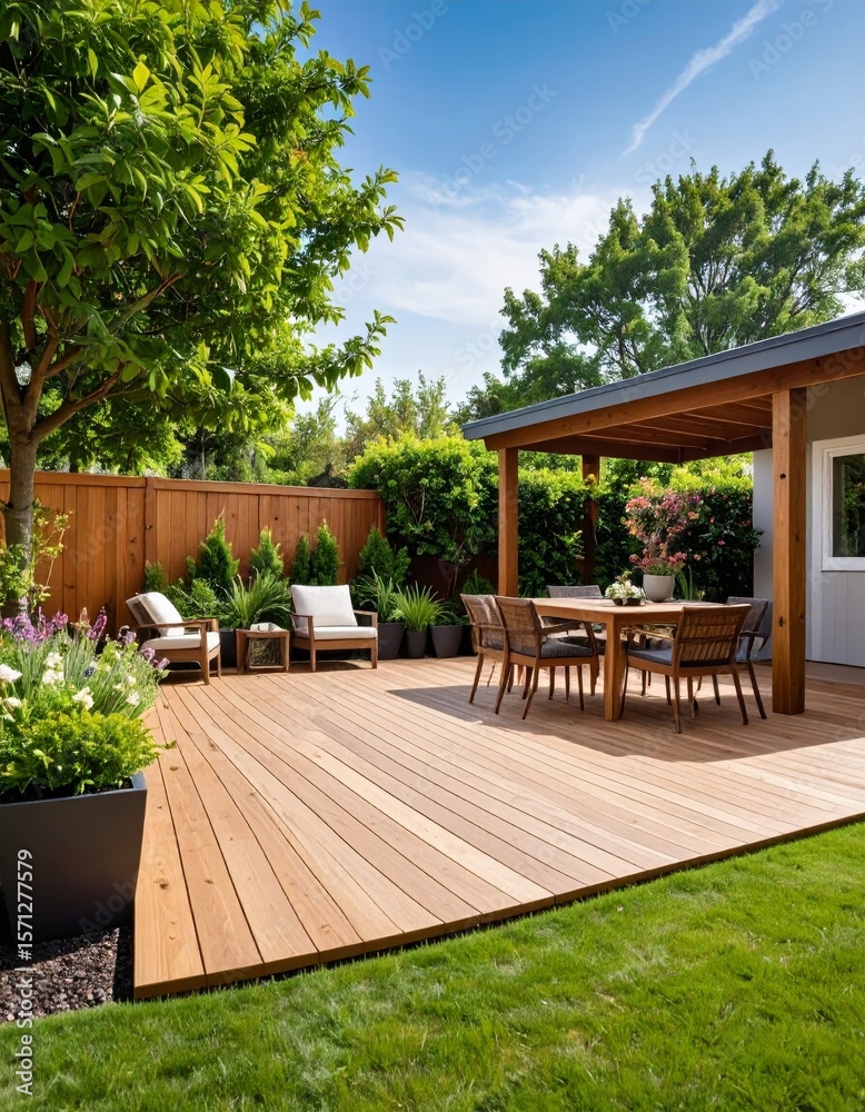 Obraz premium back garden patio area with wood decking and potted plants