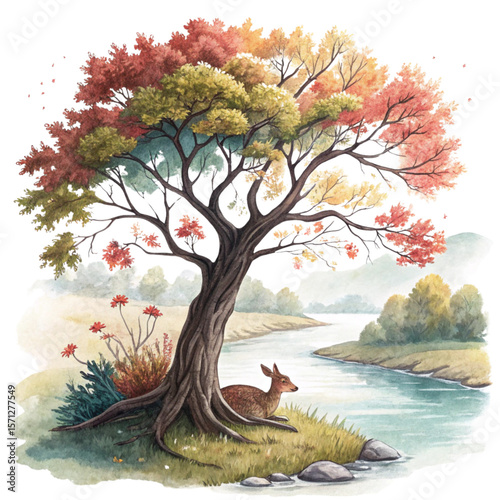 Autumn landscape with tree and water