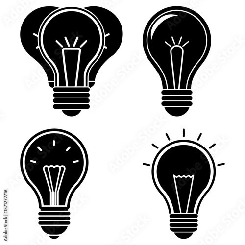 A collection of four light bulb illustrations in black and white with varying filament designs shown