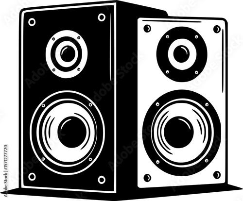 Black and white stereo speakers with a retro and bold illustration style
