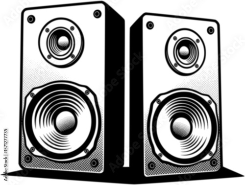Black and white stereo speakers with a retro and bold illustration style
